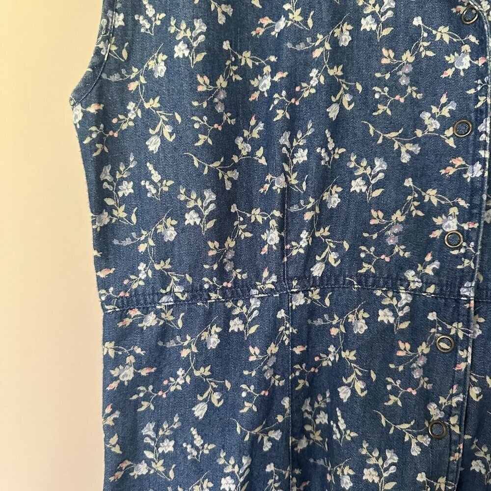 VTG Denim Collared Maxi Shirt Dress Floral Women 12 Cottagecore Farm High Waist - Picture 9 of 9